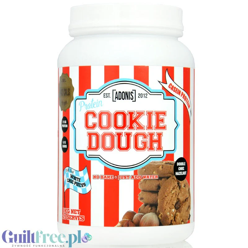 Adonis Cookie Dough Casein Protein, Double Choc Hazelnut 1kg - proteinowa masa ciasteczkowa z czekoladą, 21g białka & 141kcal