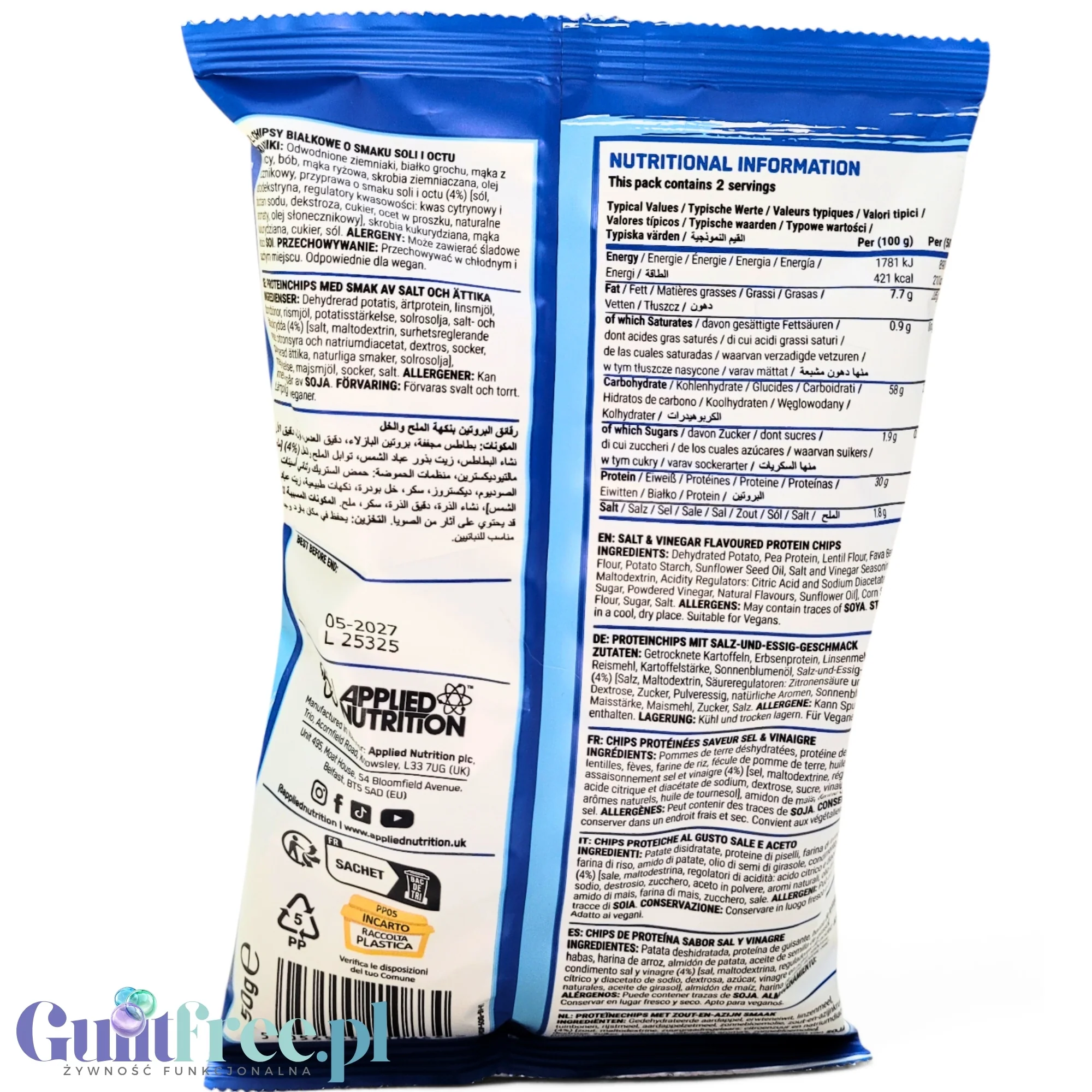 Applied Nutrition Protein Chips Salt & Vinegar - wegańskie chipsy proteinowe bez soi i glutenu 30% białka - Image 2