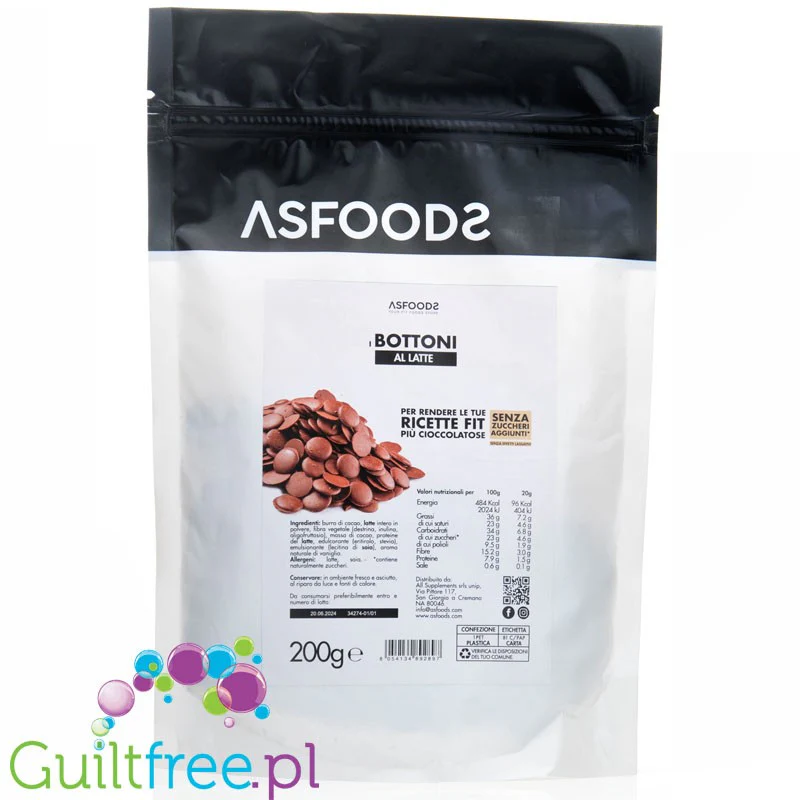 Asfoods Bottoni Al Latte - kropelki mlecznej czekolady bez dodatku cukru i bez maltitolu