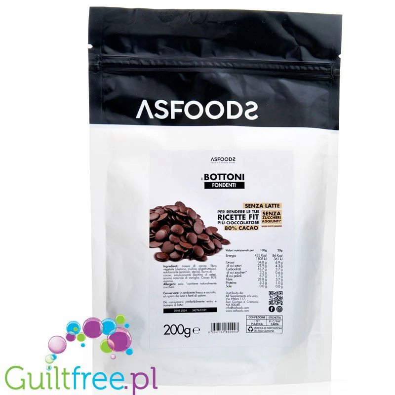Asfoods Bottoni Fondenti - kropelki ciemnej czekolady 80% kakao, bez dodatku cukru i bez maltitolu