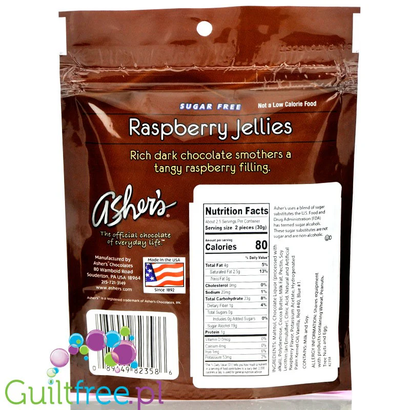 Asher's Chocolates, Dark Chocolate Raspberry Jellies - czekoladki bez cukru z galaretką malinową - Image 2