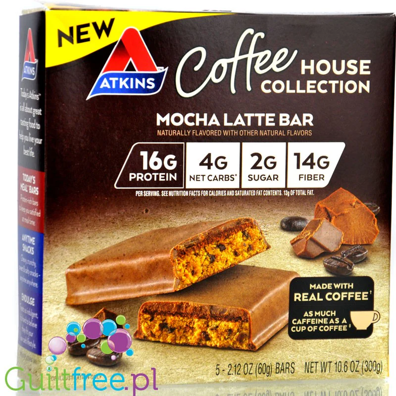 Atkins Coffee House Mocha Latte Bar PUDEŁKO x 5 batonów - baton proteinowy z kawą i czekoladą 16 białka & 220kcal