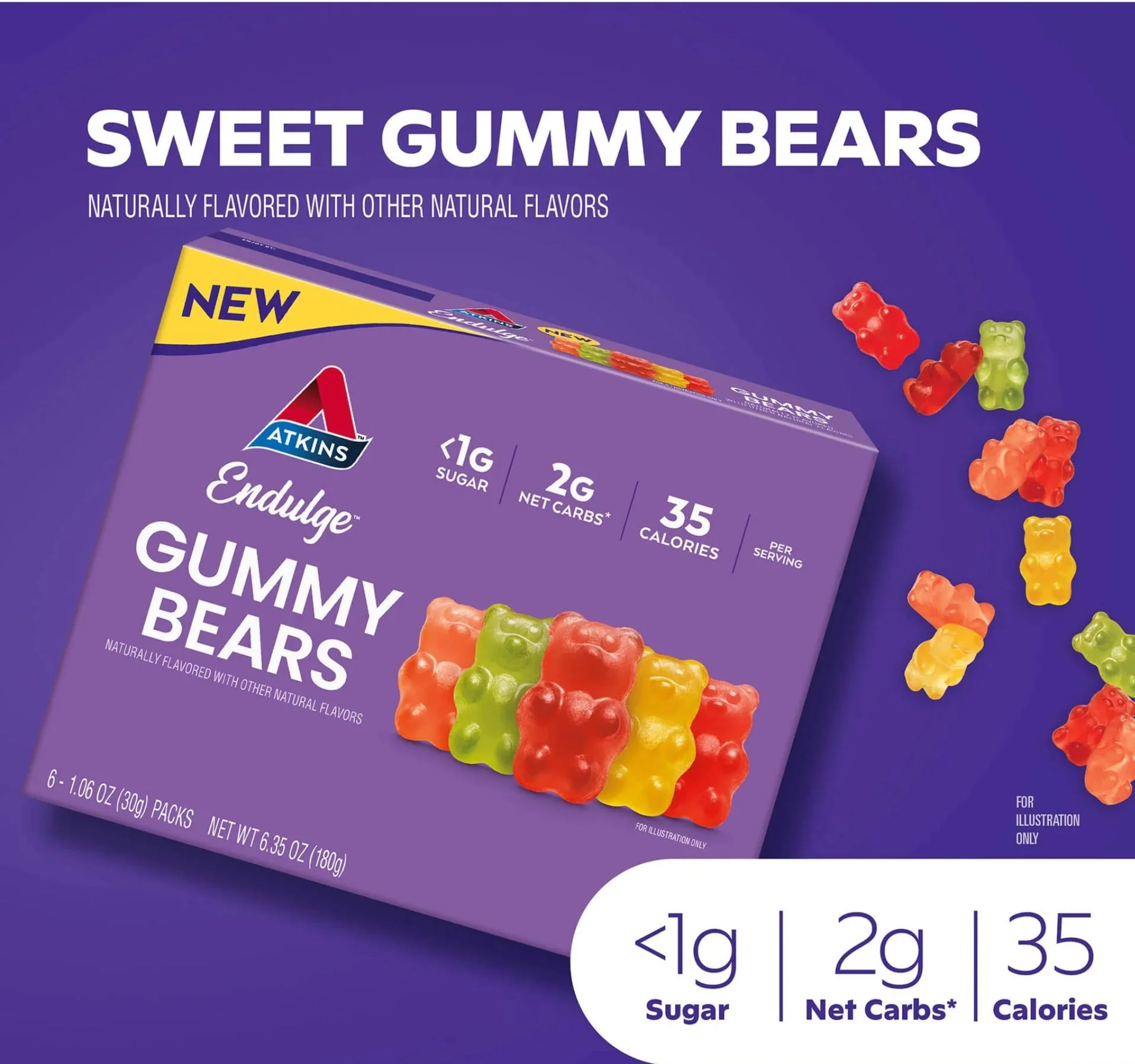 Atkins Endulge Gummy Bears PUDEŁKO x 6 saszetek - owocowe keto żelki misie bez cukru - Image 5