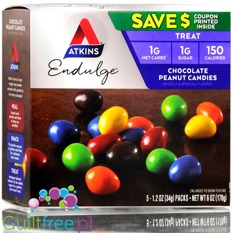 Atkins Endulge Chocolate Peanut Candies - lukrowane drażetki czekoladowe z orzechami 1g cukru PUDEŁKO