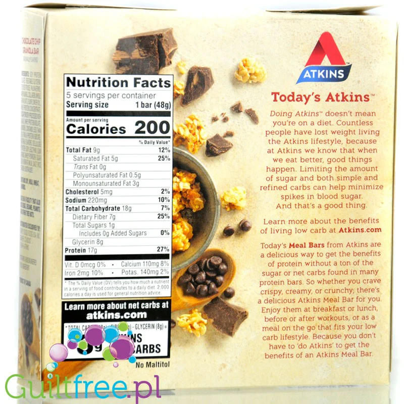 Atkins Meal Chocolate Chip Granola PUDEŁKO x 5 batonów - baton białkowy bez maltitolu 17g białka & 200kcal - Image 2