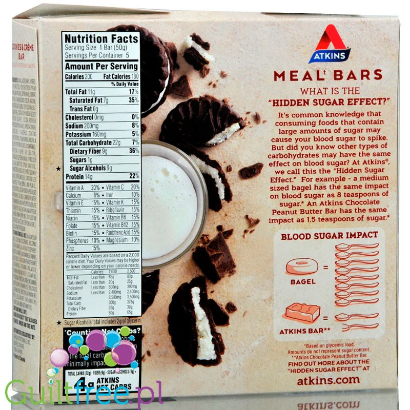 Atkins Meal Cookies n' Creme PUDEŁKO , baton 14g białka, 1g cukru - Image 3