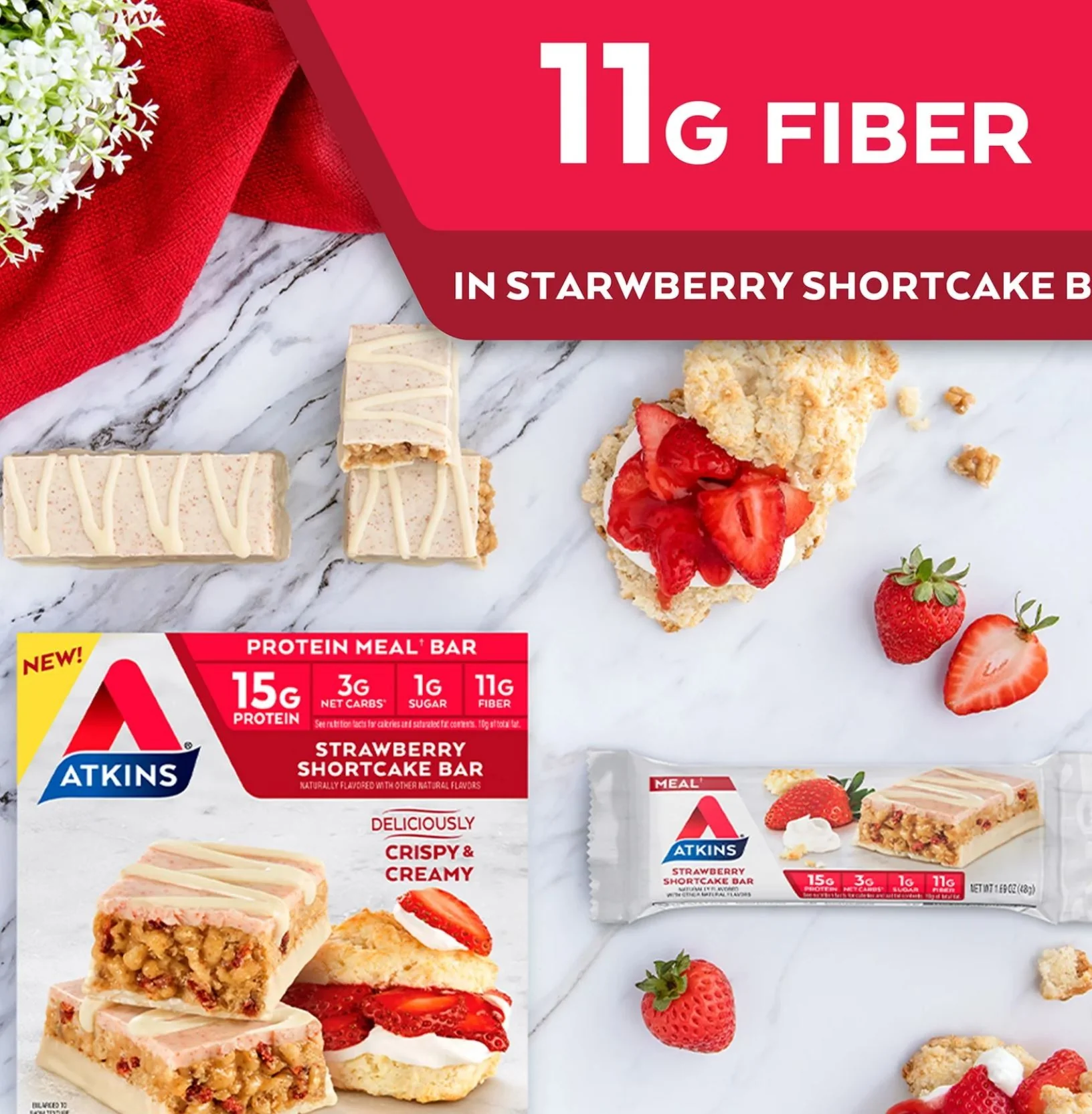 Atkins Meal Strawberry Shortcake - baton białkowy o smaku ciasta z truskawkami 15g białka & 190kcal - Image 3