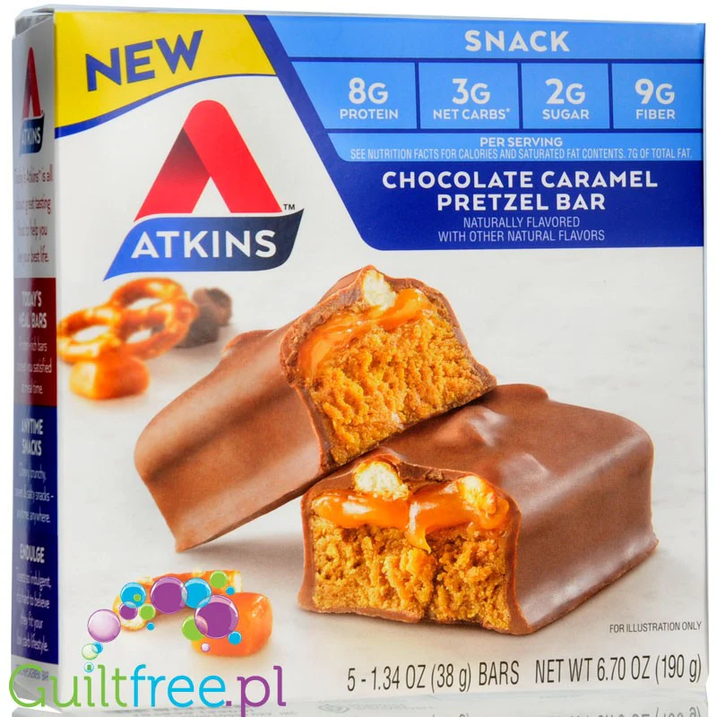 Atkins Snack Chocolate Caramel Pretzel PUDEŁKO x 5 batonów - niskocukrowy baton 150kcal & 8g białka