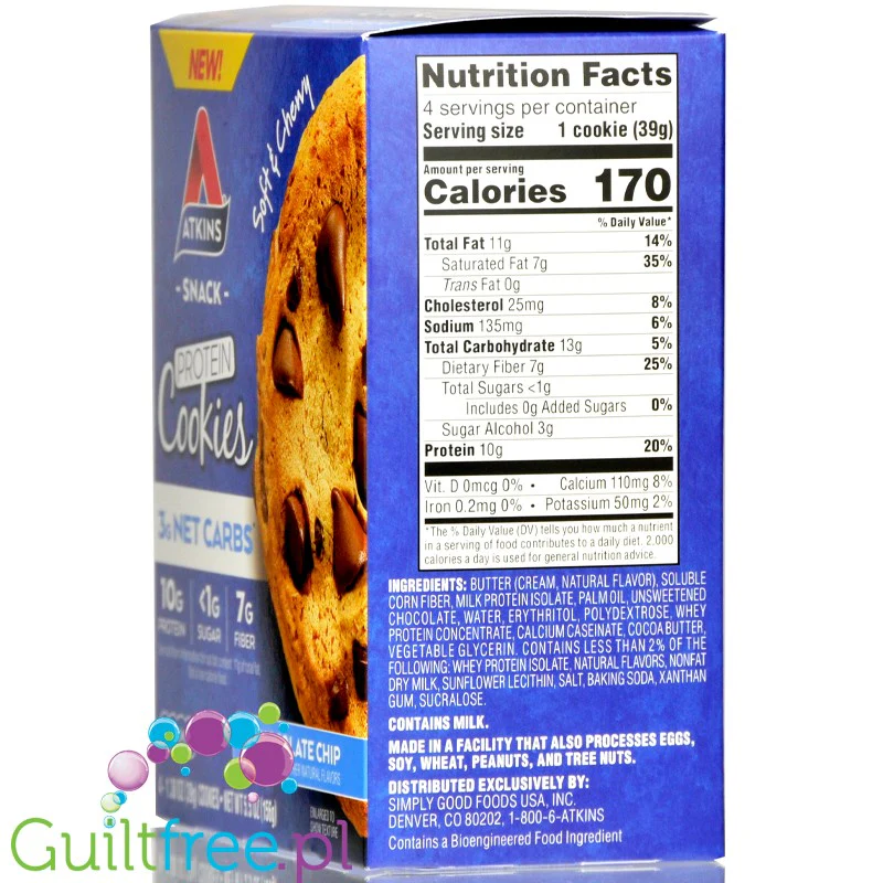 Atkins Snack Protein Cookie, Chocolate Chip - keto ciastka proteinowe z czekoladą, pudełko x 4szt - Image 2