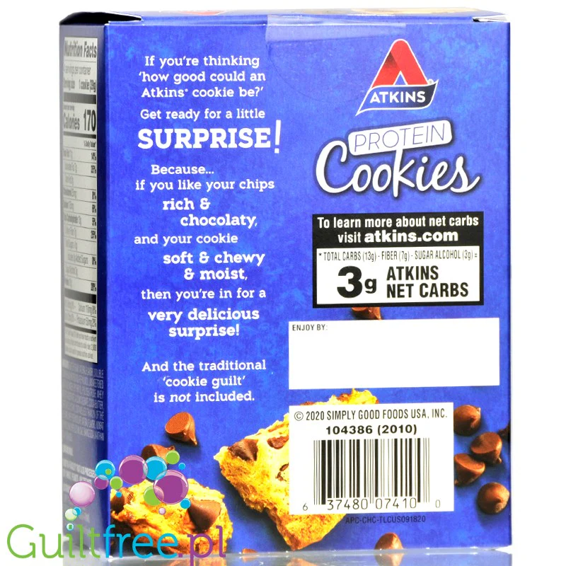 Atkins Snack Protein Cookie, Chocolate Chip - keto ciastka proteinowe z czekoladą, pudełko x 4szt - Image 3