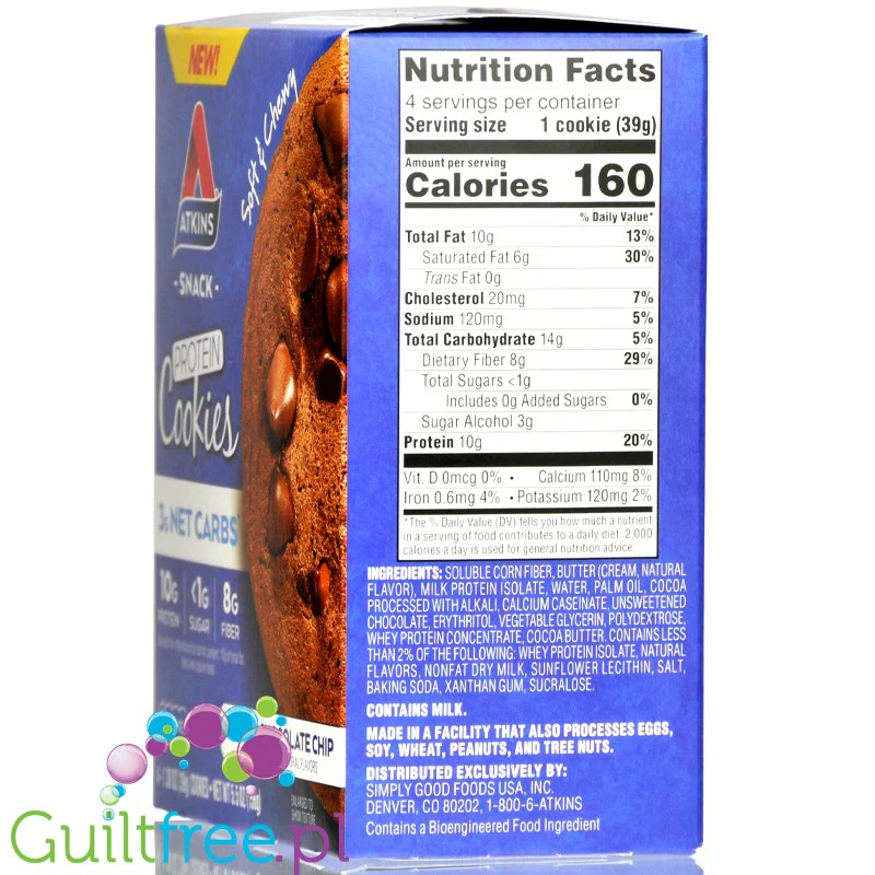 Atkins Snack Protein Cookie, Double Chocolate Chip - czekoladowe keto ciastka proteinowe, pudełko x 4szt - Image 2