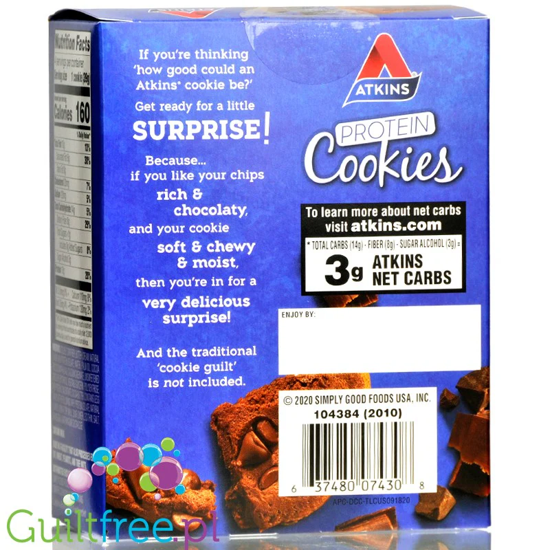 Atkins Snack Protein Cookie, Double Chocolate Chip - czekoladowe keto ciastka proteinowe, pudełko x 4szt - Image 3