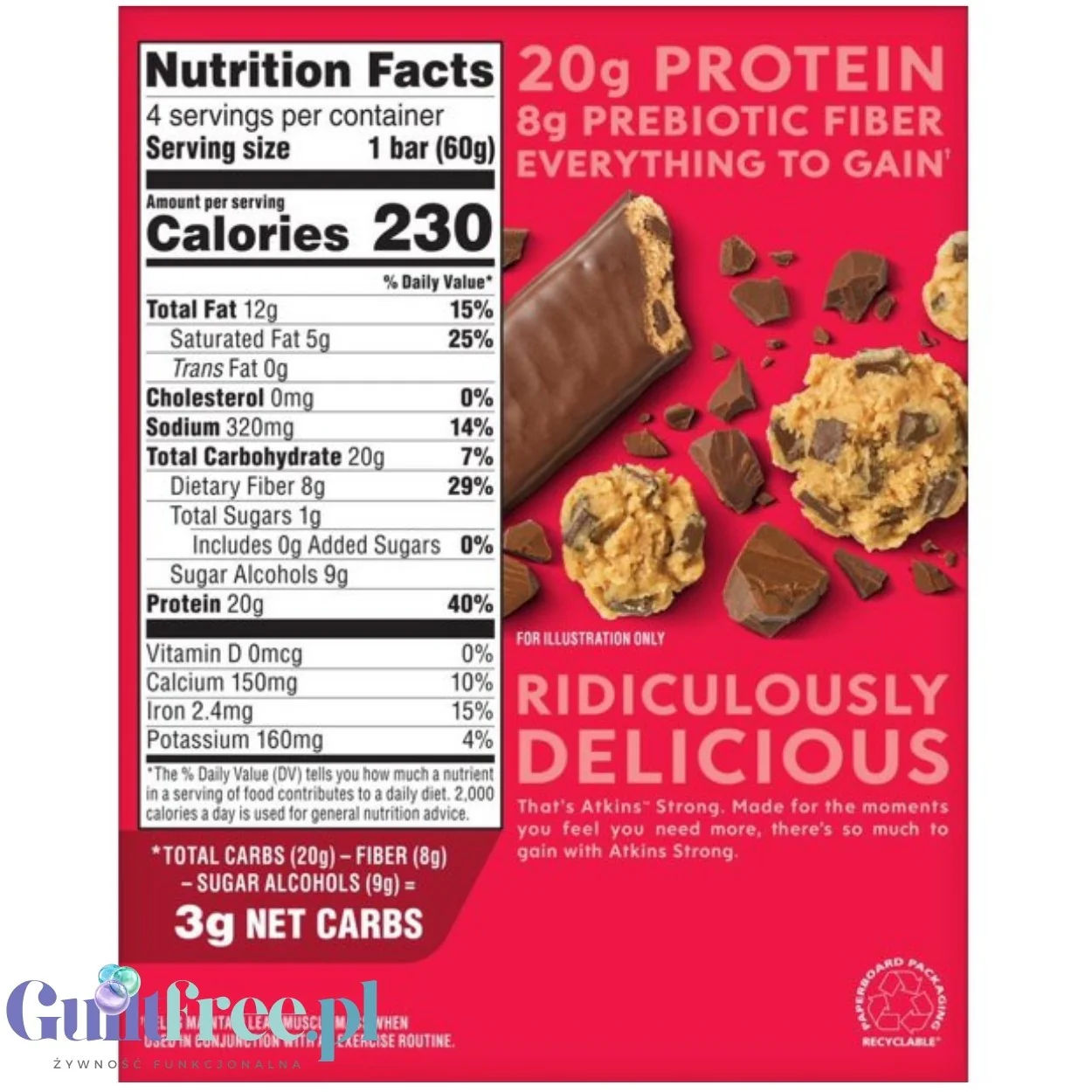 Atkins Strong Chocolate Chip Cookie Dough - baton proteinowy20g białka, bez maltitolu - Image 2