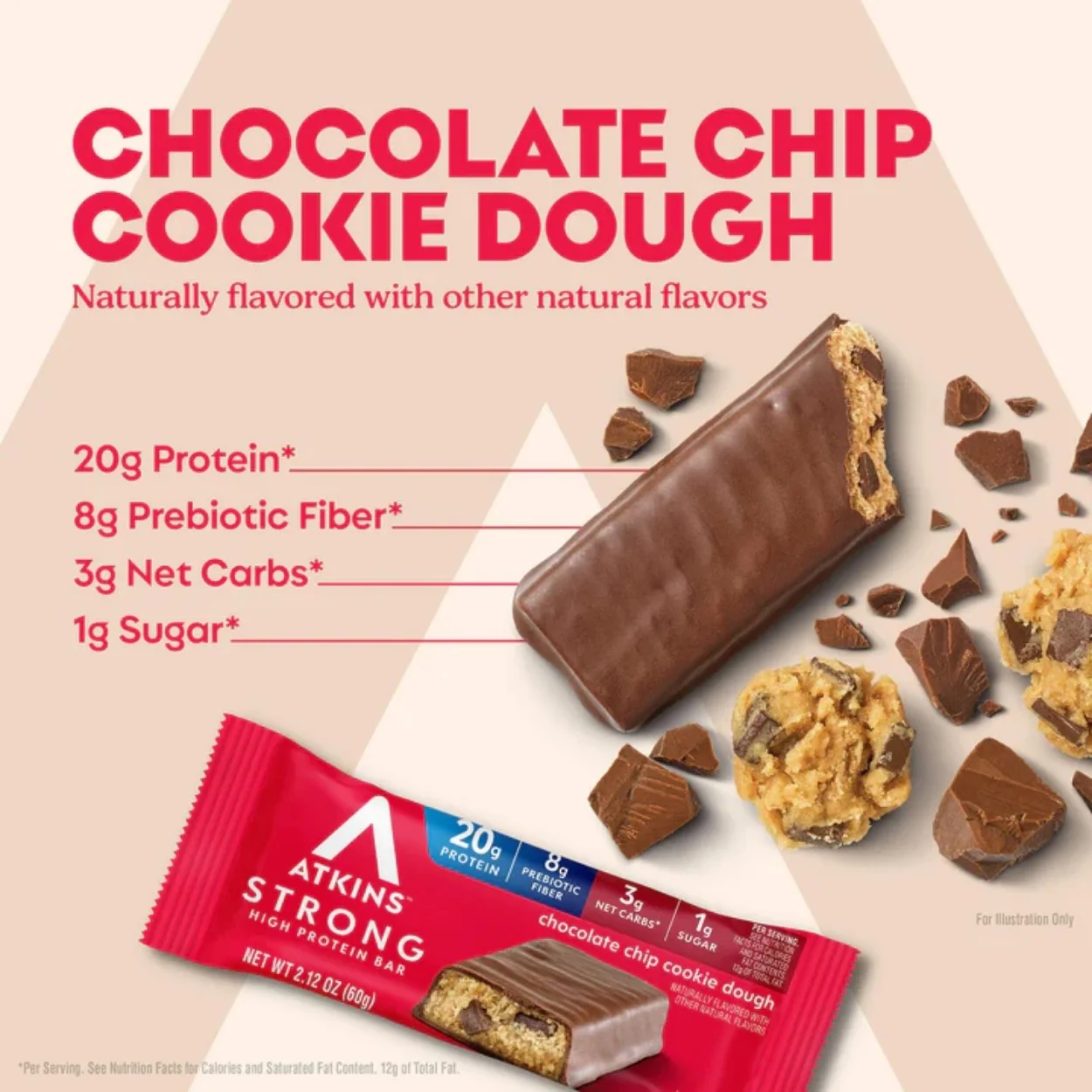 Atkins Strong Chocolate Chip Cookie Dough PUDEŁKO x 4 BATONY - baton proteinowy20g białka, bez maltitolu - Image 6