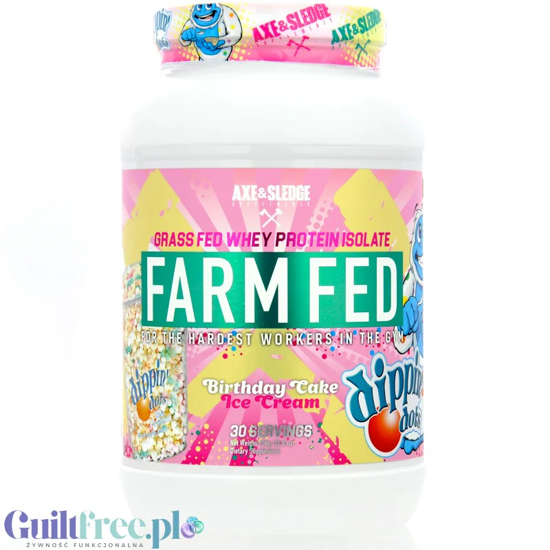 Axe & Sledge Farm Fed, Dippin' Dots Birthday Cake Ice Cream - bajecznie pyszna odżywka białkowa 100% WPI, 22g białka