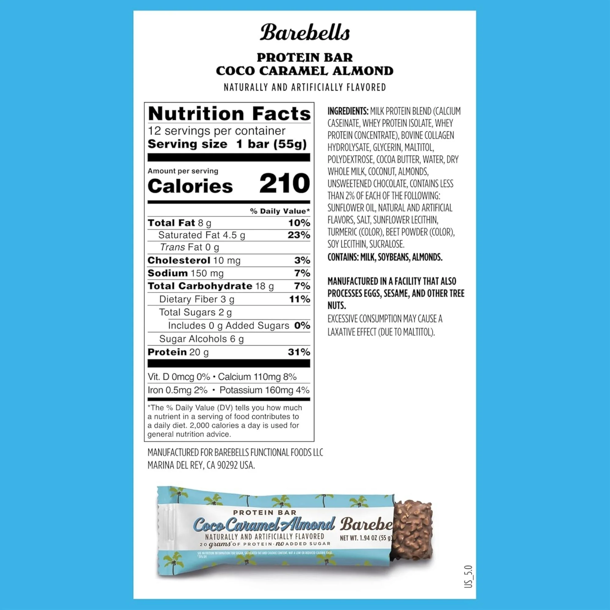 Barebells Protein Bar Coco Caramel Almond USA -  baton proteinowy migdałowo-kokosowy z karmelem i czekoladą - Image 4