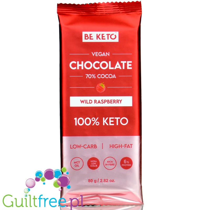 BeKeto™ 70% Cocoa Vegan Wild Raspberries - wegańska ketogeniczna czekolada bez dodatku cukru