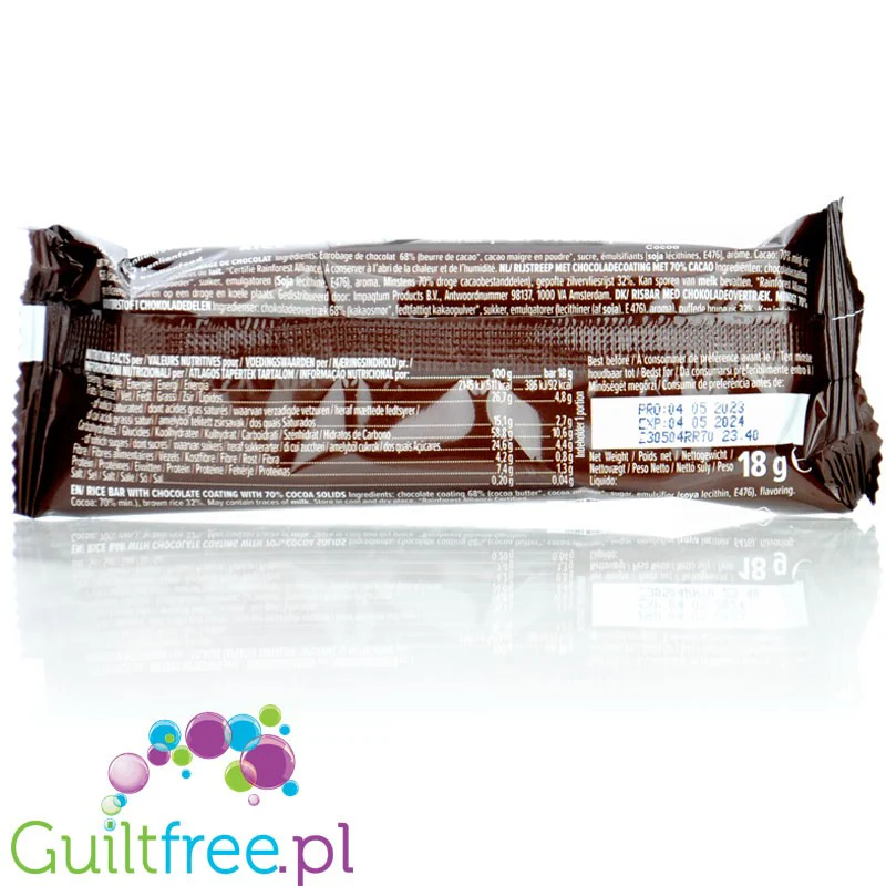 Benlian Rocky Rice Choco 70% 93 kcal - bezglutenowy baton z brązowego ryżu w ciemnej czekoladzie - Image 2
