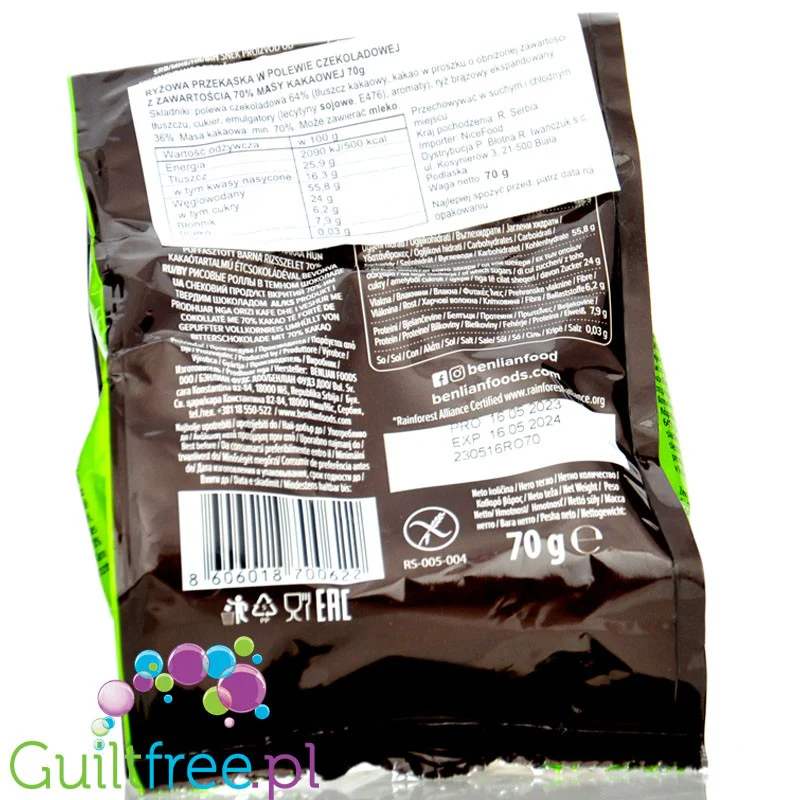 Benlian Rocky Rolls Choco 70% - bezglutenowe wafle ryżowe z brązowego ryżu w ciemnej czekoladzie - Image 2