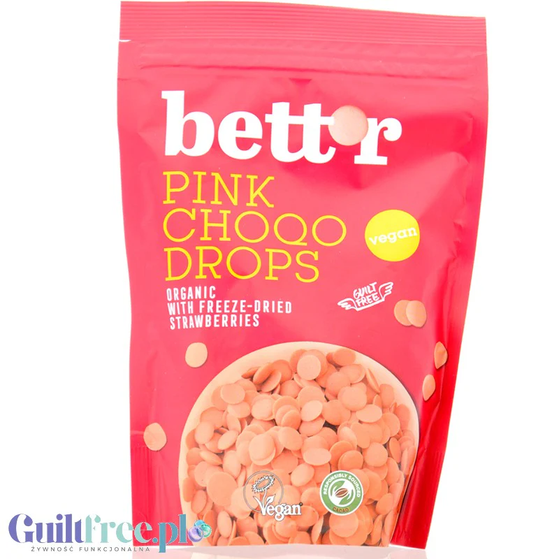 Bett'r Pink Choqo Drops - wegańskie, organiczne kropelki z białej czekolady z truskawką