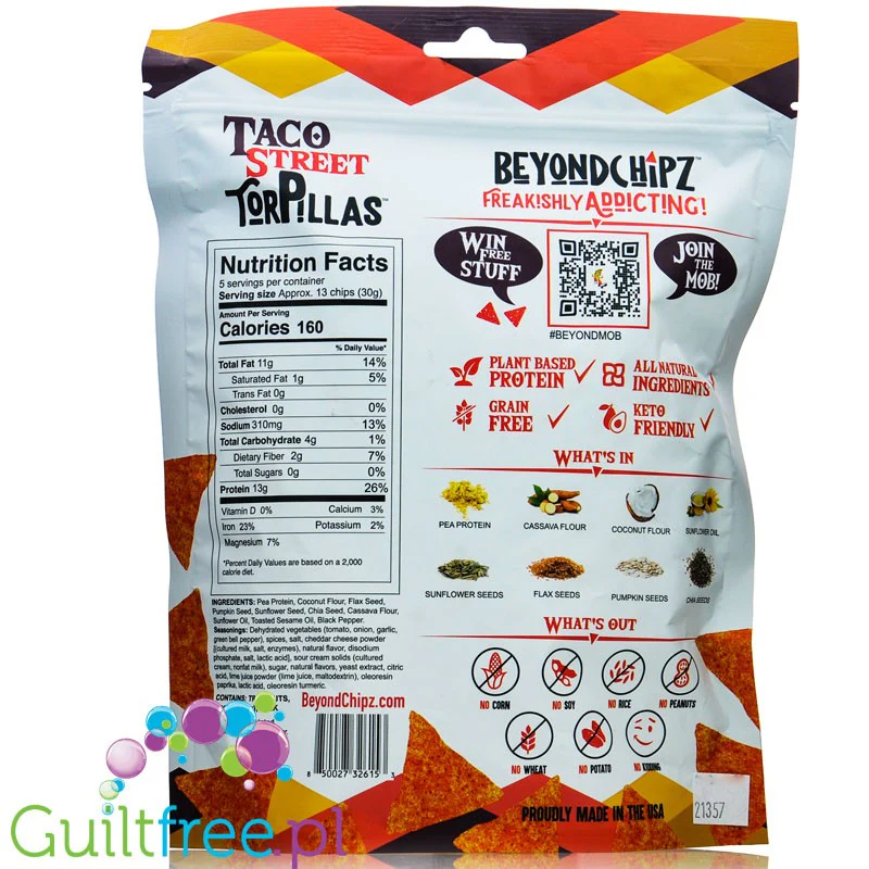 BeyondChipz Torpillas Tangy Taco Cheese - keto chrupki tortilla z Cheddarem & Limonką - Image 2