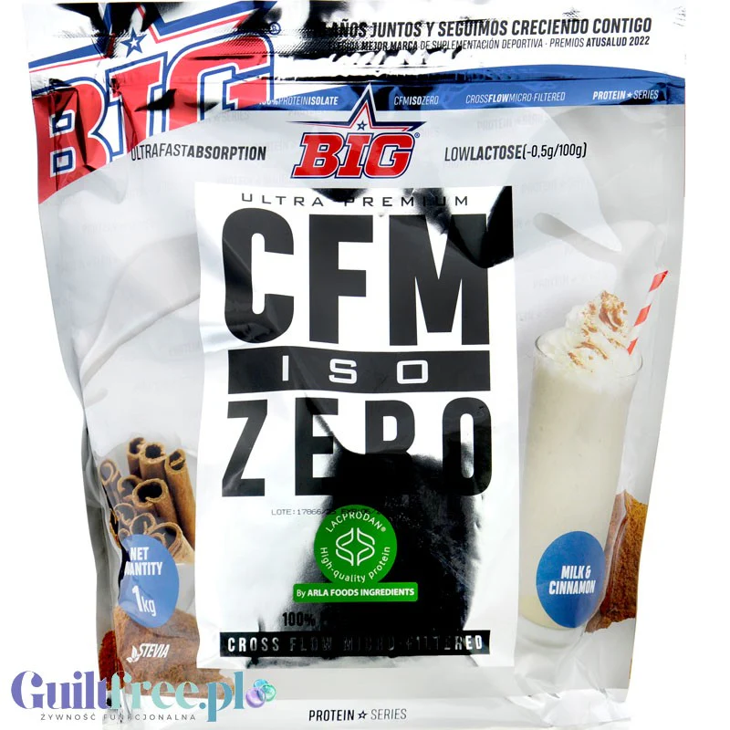 BIG® CFM ISO Zero, Milk & Cinnamon 1kg - ekskluzywna odżywka białkowa WPI92 CFM Lacprodan®, smak Mleko z Cynamonem