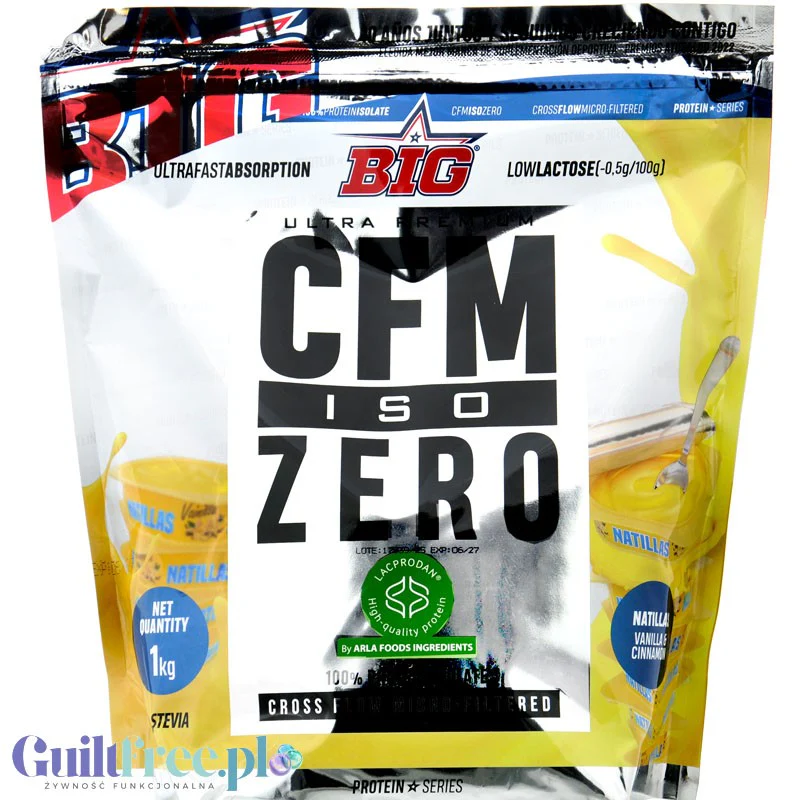 BIG® CFM ISO Zero, Vanilla & Cinnamon 1kg - ekskluzywna odżywka białkowa WPI Lacprodan® 90%, smak Mleko z Cynamonem