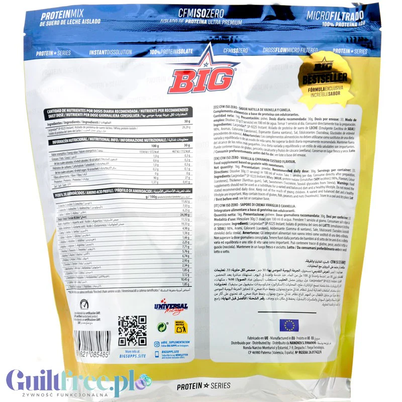 BIG® CFM ISO Zero, Vanilla & Cinnamon 1kg - ekskluzywna odżywka białkowa WPI Lacprodan® 90%, smak Mleko z Cynamonem - Image 2