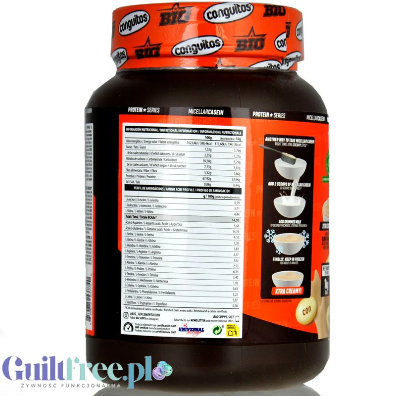 BIG® Micellar Casein, Peanut Butter & Conguitos White 1kg - gęsta odżywka białkowa do deserów, z Lacprodan MicelPure® - Image 4