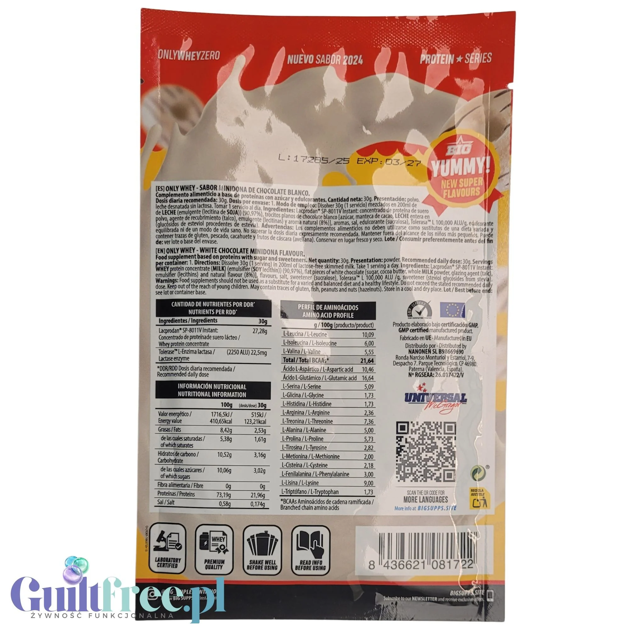 BIG® Only Whey Zero Minidona White Choco 30g - odżywka białkowa WPC Lacprodan z białą czekoladą - Image 2