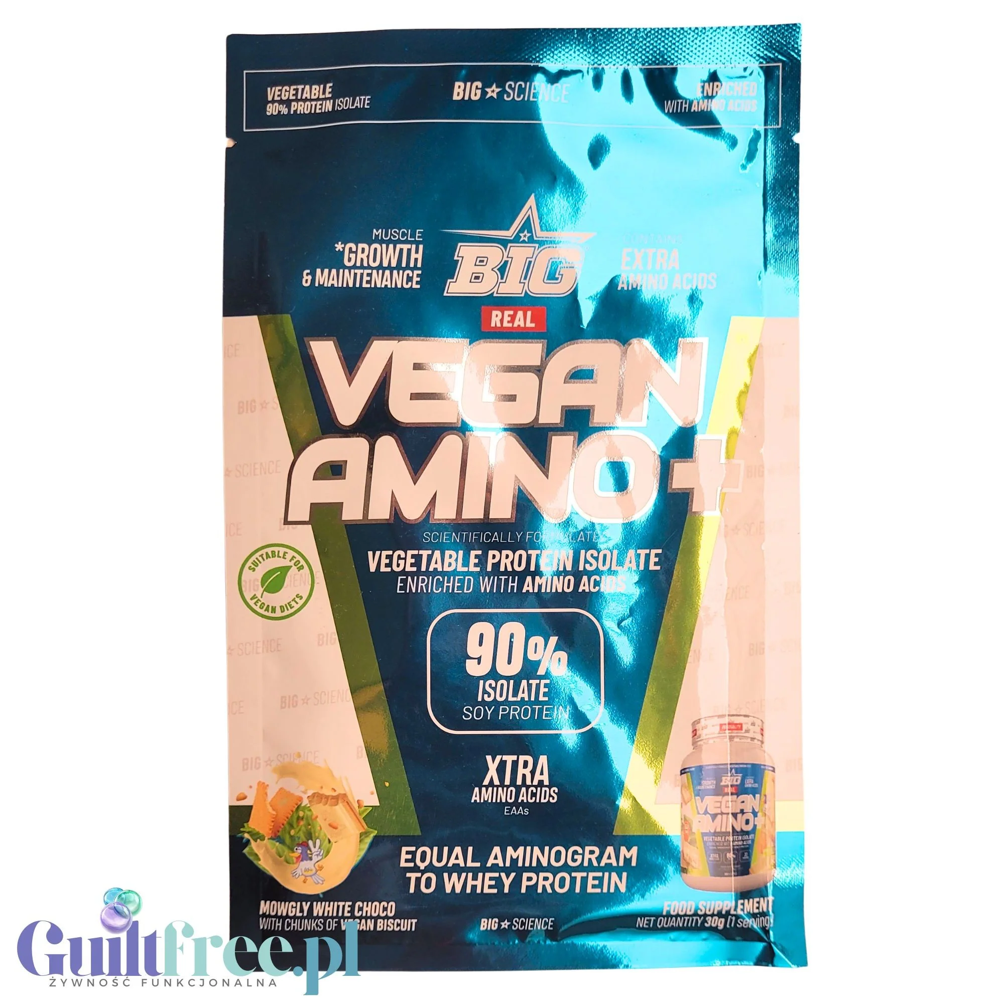 BIG® Vegan Amino+, Mowgly White Chocolate 30g - wegańska odżywka białkowa z kawałkami ciasteczek o smaku białej czekolady