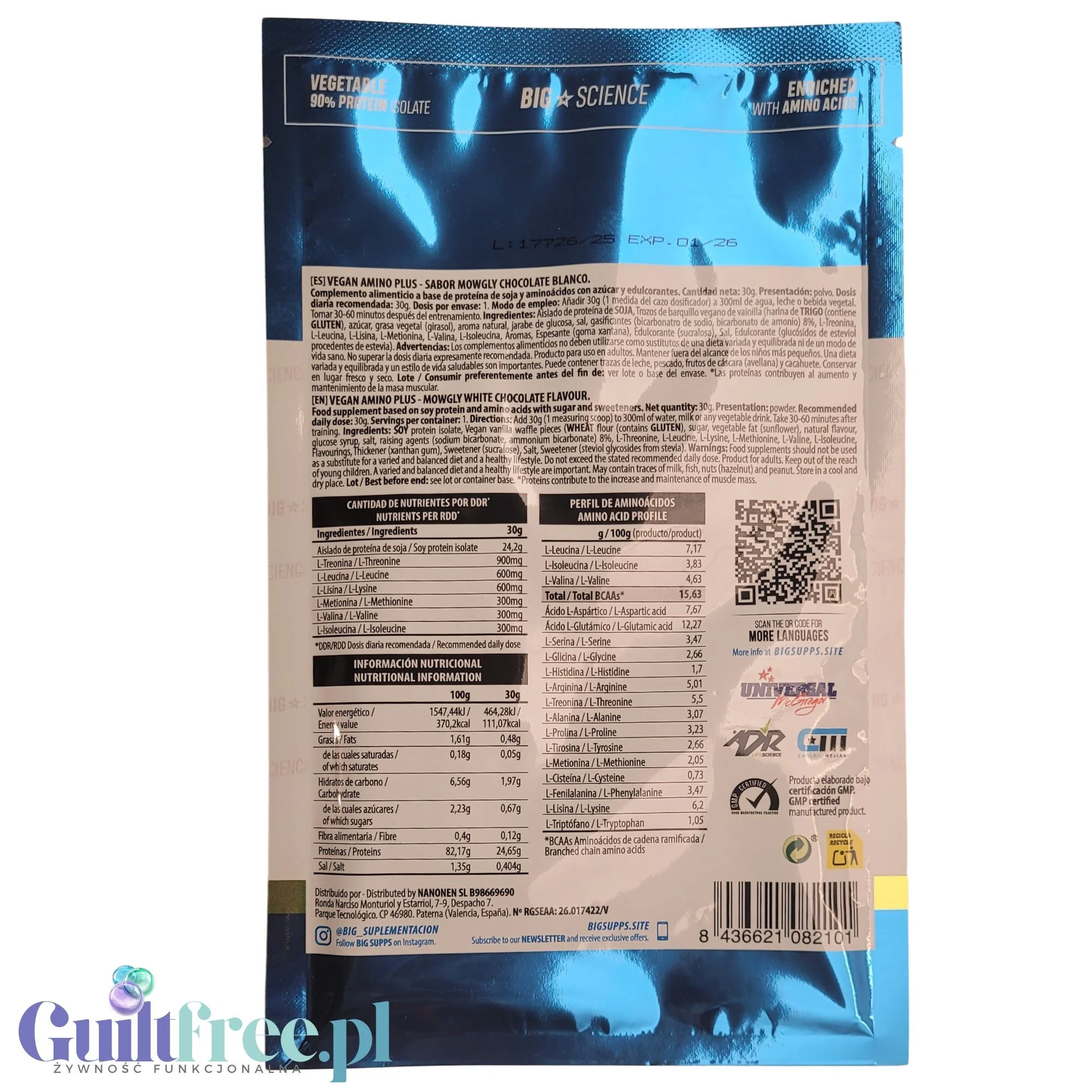 BIG® Vegan Amino+, Mowgly White Chocolate 30g - wegańska odżywka białkowa z kawałkami ciasteczek o smaku białej czekolady - Image 2