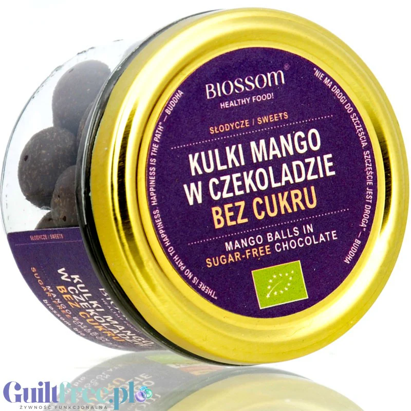 Biossom Kulki Mango w wegańskiej surowej BIO czekoladzie bez cukru z erytrytolem 125g