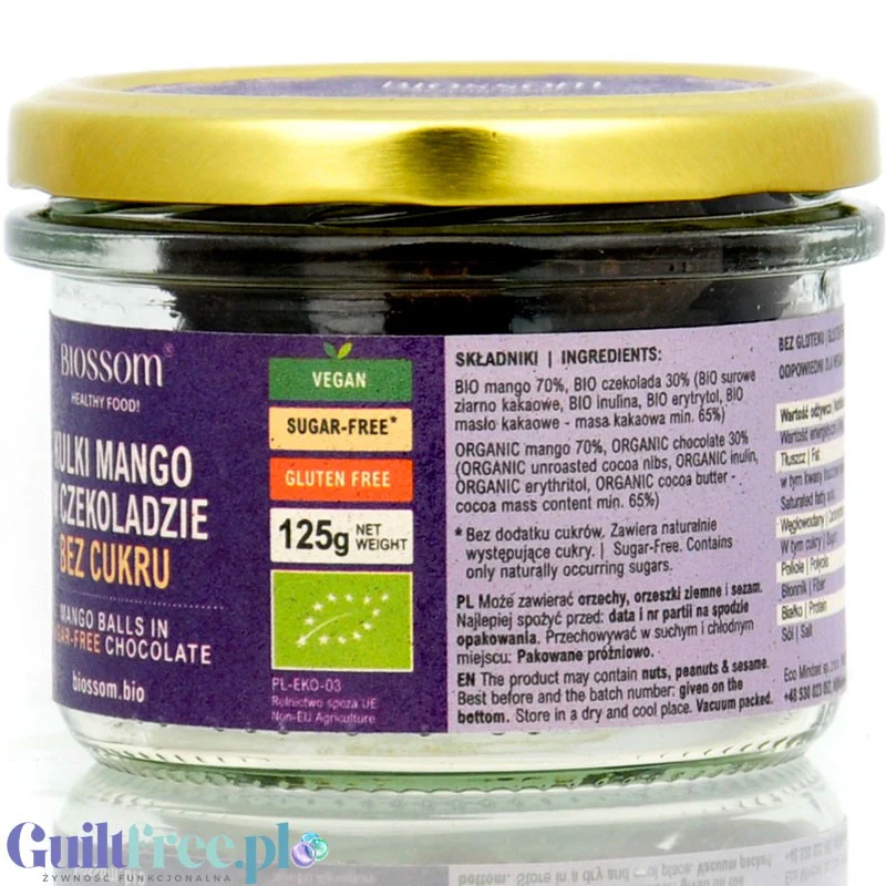 Biossom Kulki Mango w wegańskiej surowej BIO czekoladzie bez cukru z erytrytolem 125g - Image 5