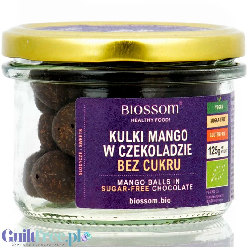 Biossom Kulki Mango w wegańskiej surowej BIO czekoladzie bez cukru z erytrytolem 125g - Image 6