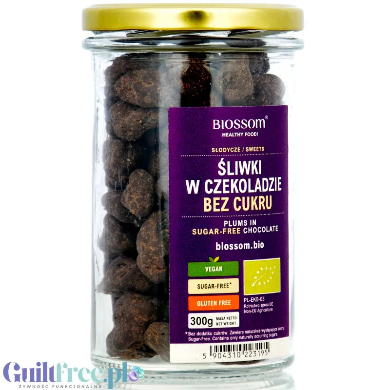 Biossom Śliwki w wegańskie organicznej czekoladzie bez cukru z erytrytolem 300g