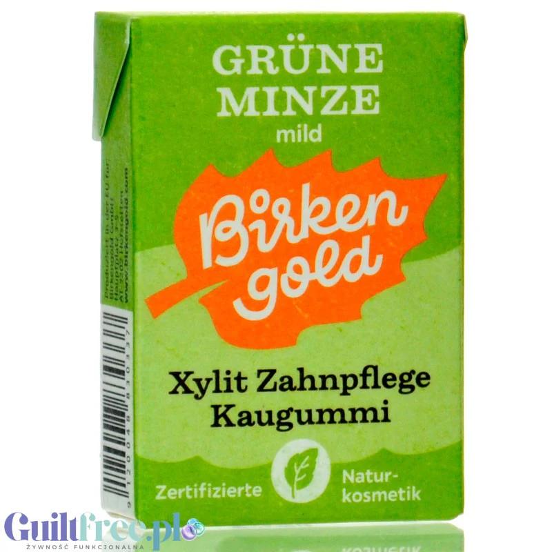 Birkengold Xylit Kaugummi, Grüneminze - dentystyczna guma do żucia bez cukru z ksylitolem, smak Łagodna Mięta