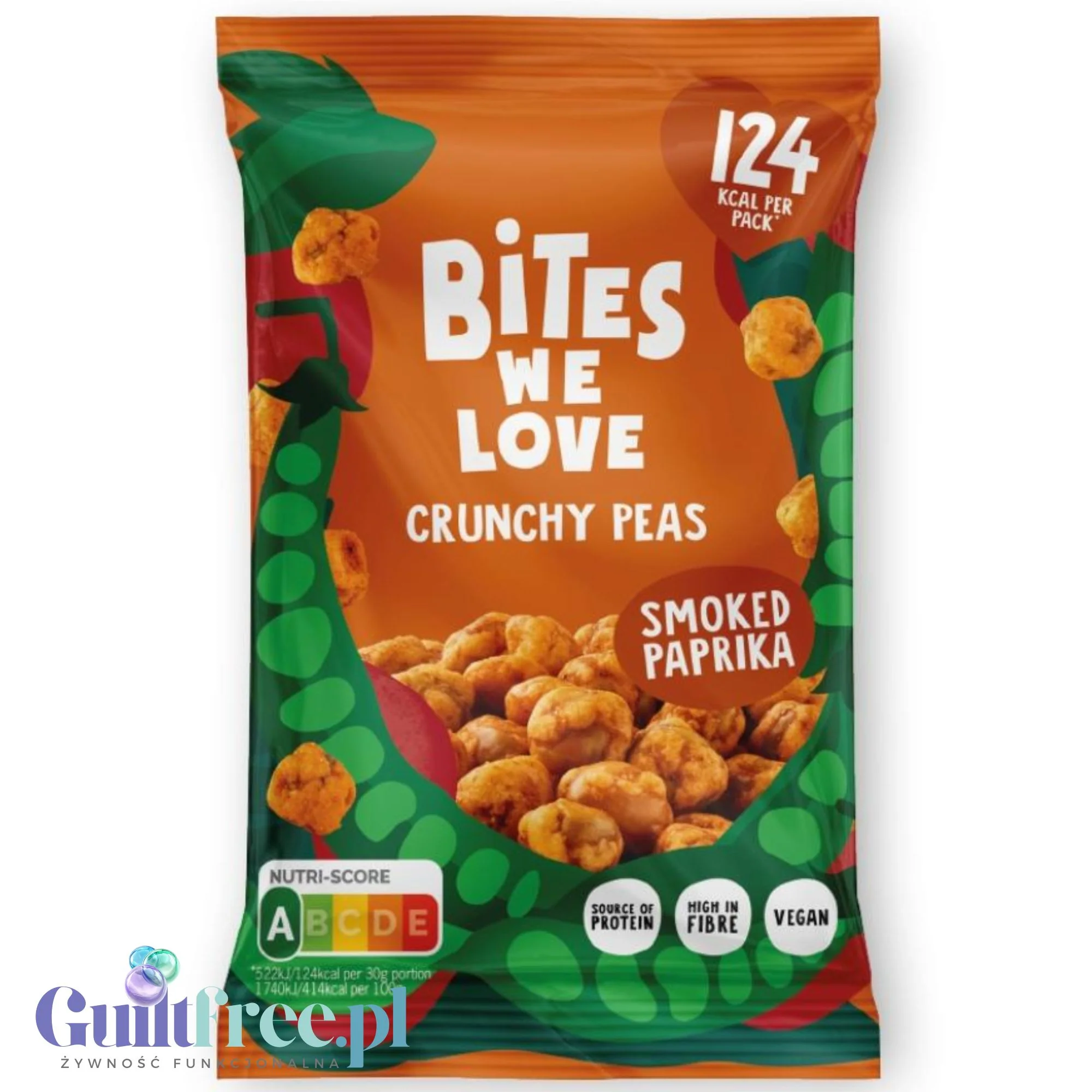 Bites We Love Crunchy Peas Smoked Paprika 30g - chrupiący groszek z wędzoną papryką wegańska przekąska z białkiem i błonnikiem