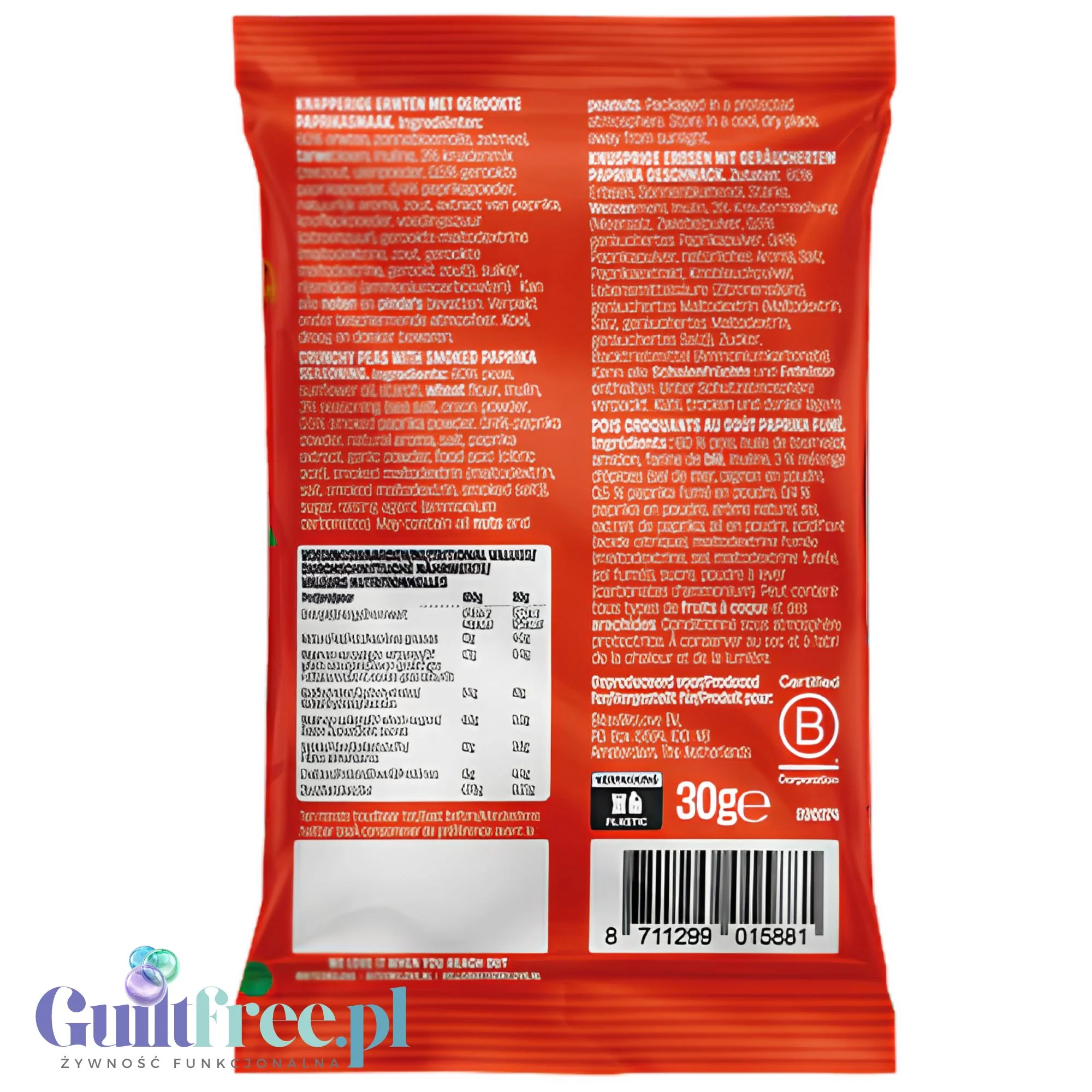 Bites We Love Crunchy Peas Smoked Paprika 30g - chrupiący groszek z wędzoną papryką wegańska przekąska z białkiem i błonnikiem - Image 4