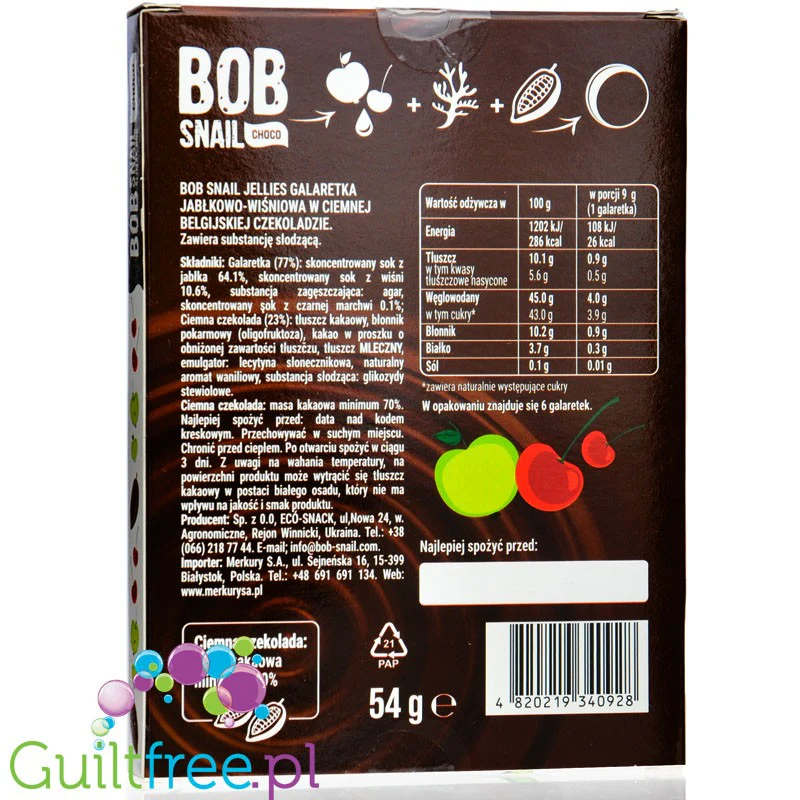 Bob Snail Choco Jabłko & Wiśnia 54g - galaretki bez dodatku cukru w ciemnej czekoladzie ze stewią - Image 2