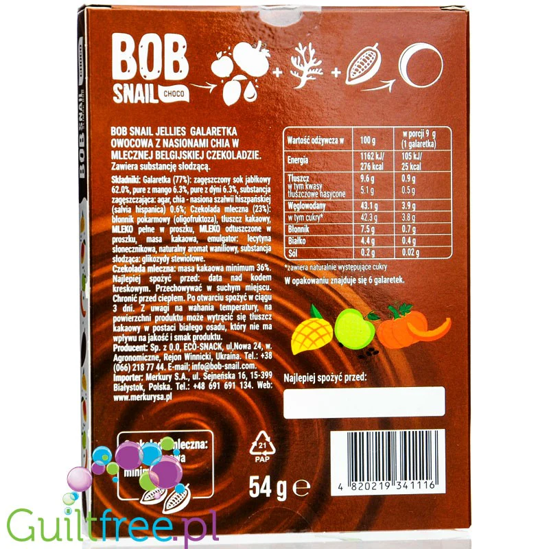 Bob Snail Choco Jelly Jabłko, Mango, Dynia, Chia 54g - galaretka z owoców w mlecznej czekoladzie bez dodatku cukru - Image 2