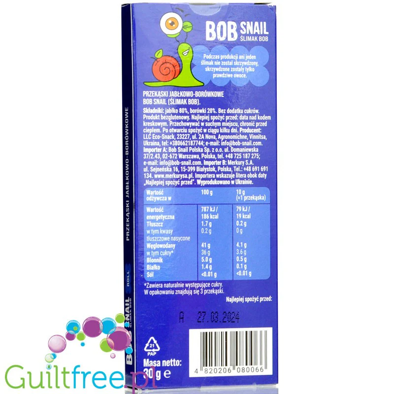 Bob Snail Przekąska jabłkowo-borówkowa z owoców bez dodatku cukru Bob Snail, 30g - Image 2