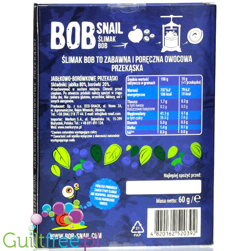 Bob Snail Przekąska jabłkowo-borówkowa z owoców bez dodatku cukru Bob Snail, 60g - Image 2