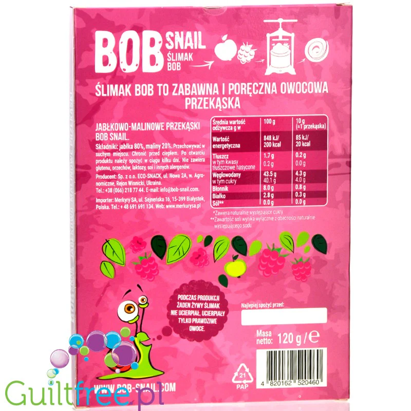 Bob Snail Przekąska jabłkowo-malinowa z owoców bez dodatku cukru Bob Snail, 60g - Image 2
