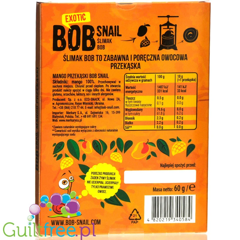 Bob Snail Przekąska mango bez dodatku cukru Bob Snail, 60g - Image 2