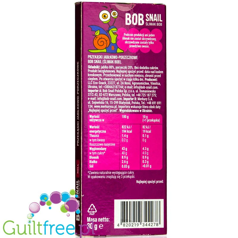 Bob Snail Roll Przekąska jabłkowo-porzeczkowa z owoców bez dodatku cukru Bob Snail, 30g - Image 2