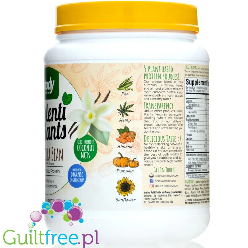 Body Nutrition Plenti Plants Vanilla Bean - organiczna keto wegańska odżywka proteinowa z MCT bez soi i glutenu - Image 2