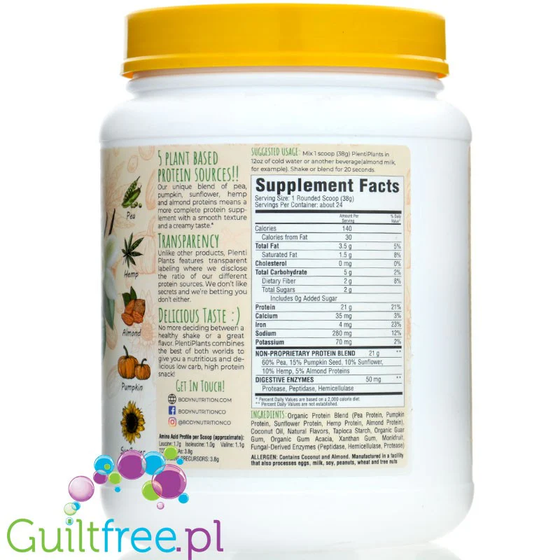 Body Nutrition Plenti Plants Vanilla Bean - organiczna keto wegańska odżywka proteinowa z MCT bez soi i glutenu - Image 3