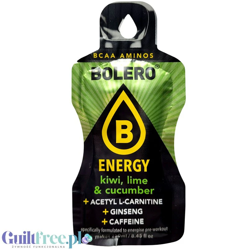 Bolero Energy Kiwi, Lime & Cucumber 7g - napój energetyczny bez cukru z L-karnityną, żeń-szeniem i kofeiną