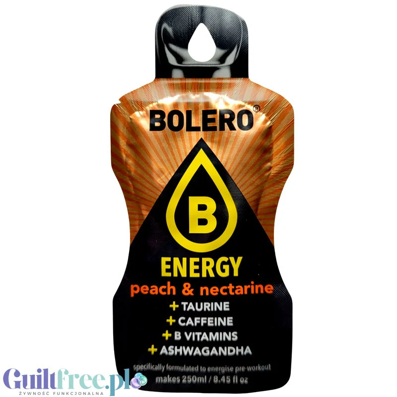 Bolero Energy Peach & Nectarine 7g - napój energetyczny bez cukru z tauryną, kofeiną, ashwagandą i witaminami B